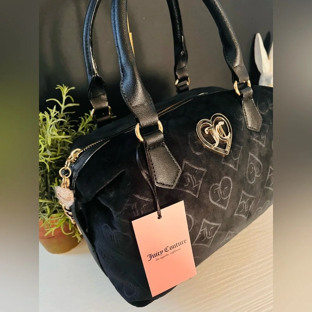 Juicy Couture Black Velvet Glitz Satchel Bag Crossbody Gold Hardware NWT